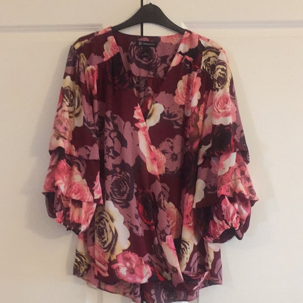 INC International Concepts Burgundy Floral Ruffle Sleeve Blouse